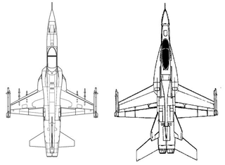 The lineage of the F-5 (left) and YF-17 is apparent from this overhead view.